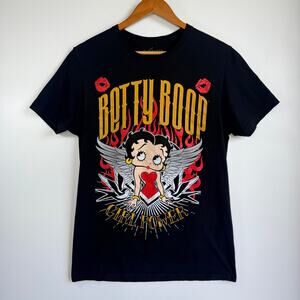 Fleischer Betty Boop Girl Power Graphic Tee Black Shirt Tattoo Wings Medium
